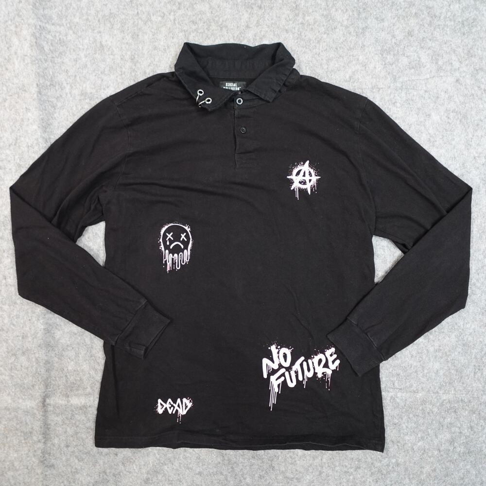 Social Collision Shirt Men Large Polo Black Pink Punk Symbols Long Sleeve TShirt